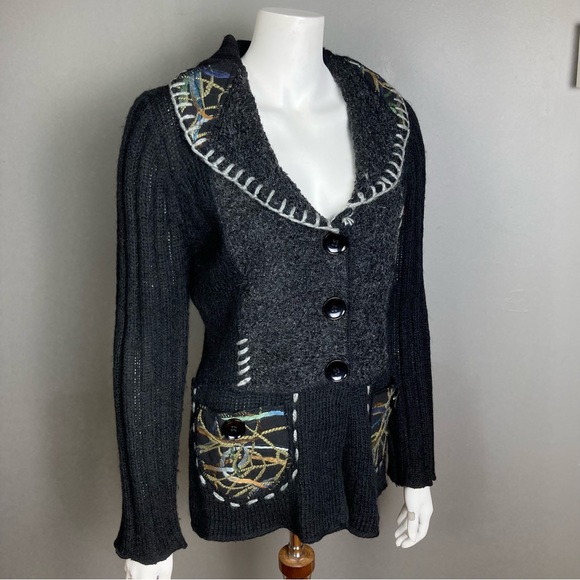 Sioni cardigan sweater medium patchwork collared black grey embroidered artsy - Picture 3 of 16